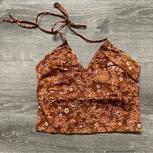 *V Neck Halter Top In Burnished Pecan Print